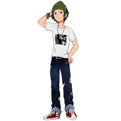 Tシャツ、ダメージジーンズ、スニーカーの男性。