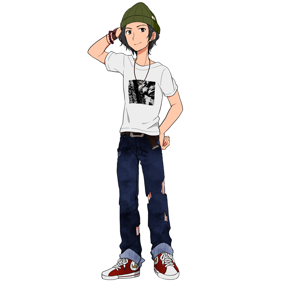 Tシャツ、ダメージジーンズ、スニーカーの男性。