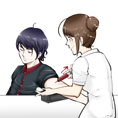 看護婦さんが注射で採血。患者。医療行為。