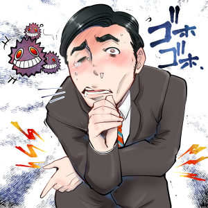 インフルエンザにかかってしまった男性。咳、ウイルス。