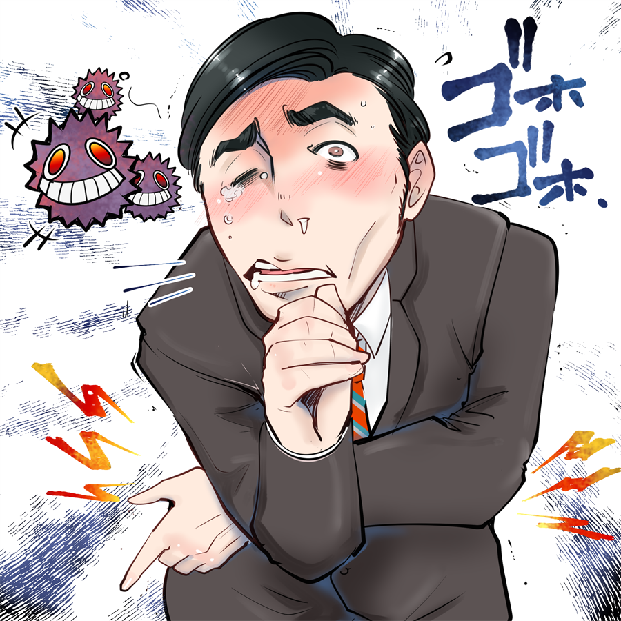 インフルエンザにかかってしまった男性。咳、ウイルス。