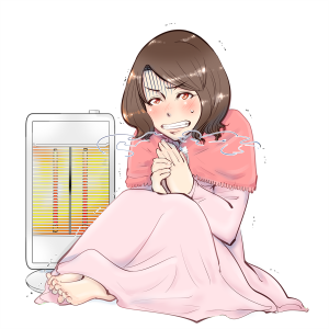 寒い冬が耐えられない冷え性の女性。ストーブ、毛布、ブランケット